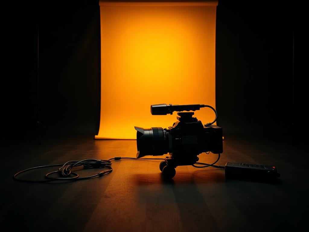 كاميرا سينمائية ومعدات إضاءة في استوديو تصوير احترافي